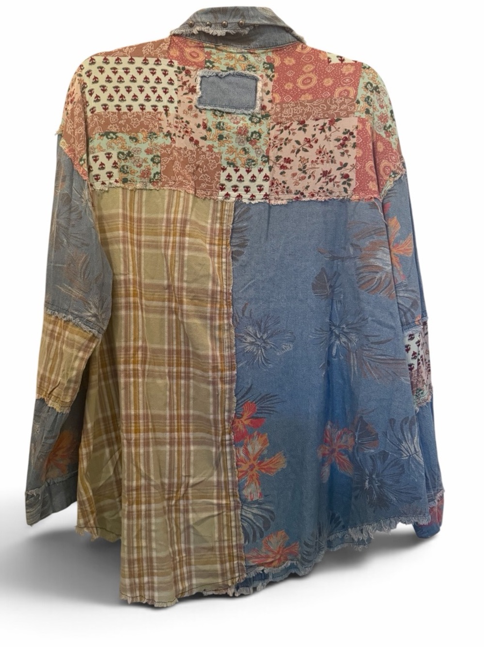 POL Patchwork Light Blue Denim Jacket with Floral & Plaid Accents - Picture 8 of 14